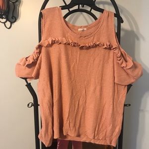Light weight, ruffled, cold shoulder sweater
